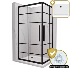   HD Dior+ Black aszimmetrikus szögletes két tolóajtós zuhanykabin fehér slim zuhanytálcával és fekete szifonnal, fekete elemekkel, 190 cm magas