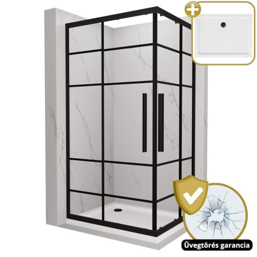 HD Dior+ Black aszimmetrikus szögletes két tolóajtós zuhanykabin fehér slim zuhanytálcával és fekete szifonnal, fekete elemekkel, 190 cm magas