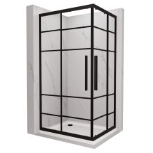 HD Dior+ Black aszimmetrikus szögletes két tolóajtós zuhanykabin fehér slim zuhanytálcával és fekete szifonnal, fekete elemekkel, 190 cm magas