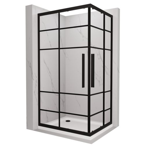 HD Dior+ Black aszimmetrikus szögletes két tolóajtós zuhanykabin fehér slim zuhanytálcával és fekete szifonnal, fekete elemekkel, 190 cm magas