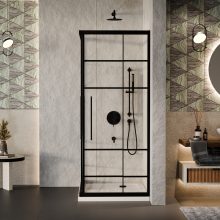 HD Dior+ Black aszimmetrikus szögletes két tolóajtós zuhanykabin fehér slim zuhanytálcával és fekete szifonnal, fekete elemekkel, 190 cm magas