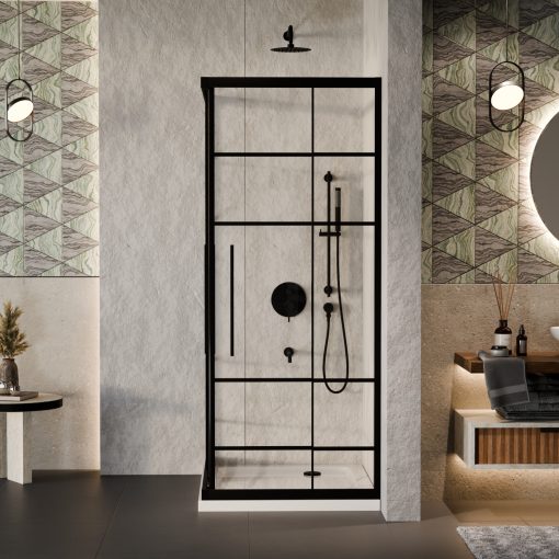 HD Dior+ Black aszimmetrikus szögletes két tolóajtós zuhanykabin fehér slim zuhanytálcával és fekete szifonnal, fekete elemekkel, 190 cm magas