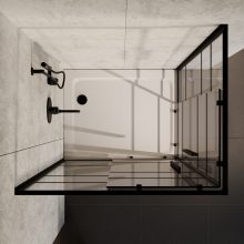 HD Dior+ Black aszimmetrikus szögletes két tolóajtós zuhanykabin fehér slim zuhanytálcával és fekete szifonnal, fekete elemekkel, 190 cm magas