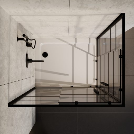HD Dior+ Black aszimmetrikus szögletes két tolóajtós zuhanykabin fehér slim zuhanytálcával és fekete szifonnal, fekete elemekkel, 190 cm magas