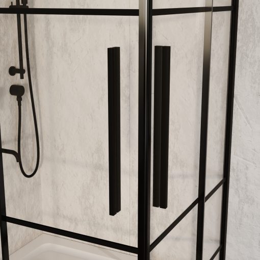 HD Dior+ Black aszimmetrikus szögletes két tolóajtós zuhanykabin fehér slim zuhanytálcával és fekete szifonnal, fekete elemekkel, 190 cm magas