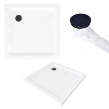 HD Dior+ Black aszimmetrikus szögletes két tolóajtós zuhanykabin fehér slim zuhanytálcával és fekete szifonnal, fekete elemekkel, 190 cm magas