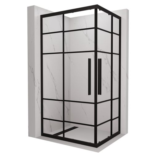 HD Dior+ Black aszimmetrikus szögletes két tolóajtós zuhanykabin 6 mm vastag vízlepergető biztonsági üveggel, fekete elemekkel, 190 cm magas