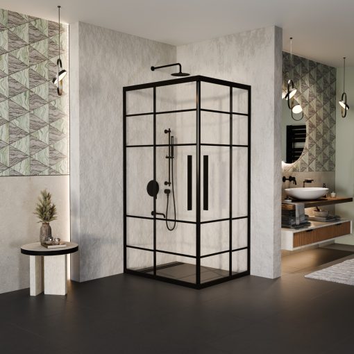 HD Dior+ Black aszimmetrikus szögletes két tolóajtós zuhanykabin 6 mm vastag vízlepergető biztonsági üveggel, fekete elemekkel, 190 cm magas