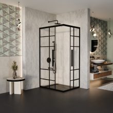 HD Dior+ Black aszimmetrikus szögletes két tolóajtós zuhanykabin 6 mm vastag vízlepergető biztonsági üveggel, fekete elemekkel, 190 cm magas