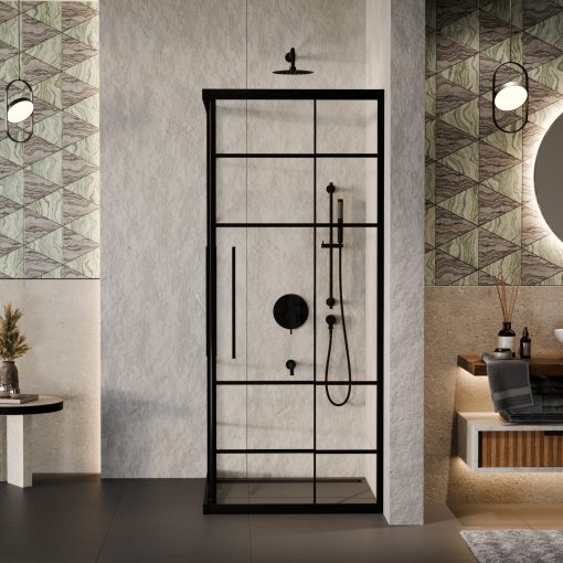 HD Dior+ Black aszimmetrikus szögletes két tolóajtós zuhanykabin 6 mm vastag vízlepergető biztonsági üveggel, fekete elemekkel, 190 cm magas