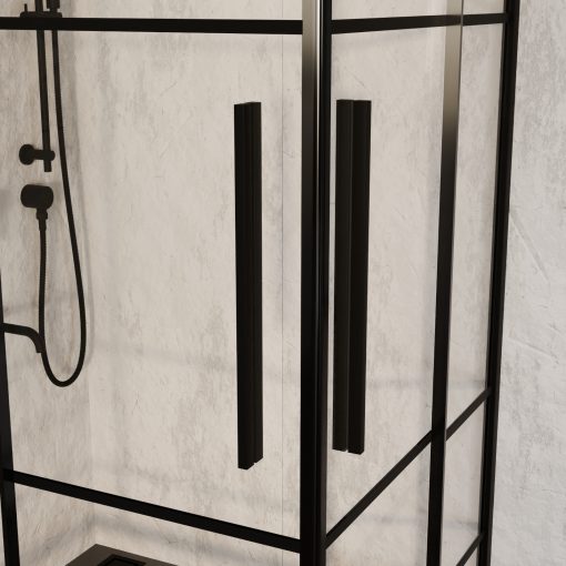 HD Dior+ Black aszimmetrikus szögletes két tolóajtós zuhanykabin 6 mm vastag vízlepergető biztonsági üveggel, fekete elemekkel, 190 cm magas