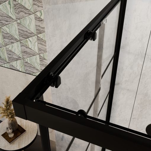 HD Dior+ Black aszimmetrikus szögletes két tolóajtós zuhanykabin 6 mm vastag vízlepergető biztonsági üveggel, fekete elemekkel, 190 cm magas