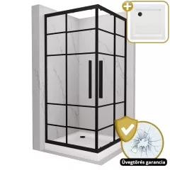   HD Dior+ Black 80x80 szögletes két tolóajtós zuhanykabin fehér magas zuhanytálcával és fekete szifonnal, fekete elemekkel, 190 cm magas