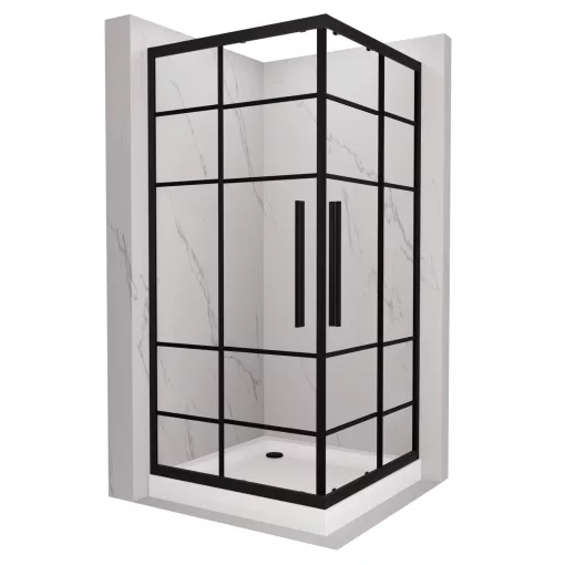 HD Dior+ Black 80x80 szögletes két tolóajtós zuhanykabin fehér magas zuhanytálcával és fekete szifonnal, fekete elemekkel, 190 cm magas