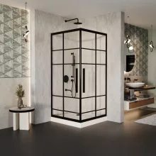 HD Dior+ Black 80x80 szögletes két tolóajtós zuhanykabin fehér magas zuhanytálcával és fekete szifonnal, fekete elemekkel, 190 cm magas