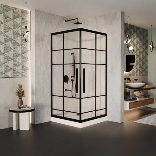 HD Dior+ Black 80x80 szögletes két tolóajtós zuhanykabin fehér magas zuhanytálcával és fekete szifonnal, fekete elemekkel, 190 cm magas