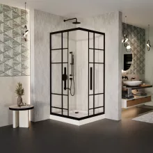 HD Dior+ Black 80x80 szögletes két tolóajtós zuhanykabin fehér magas zuhanytálcával és fekete szifonnal, fekete elemekkel, 190 cm magas