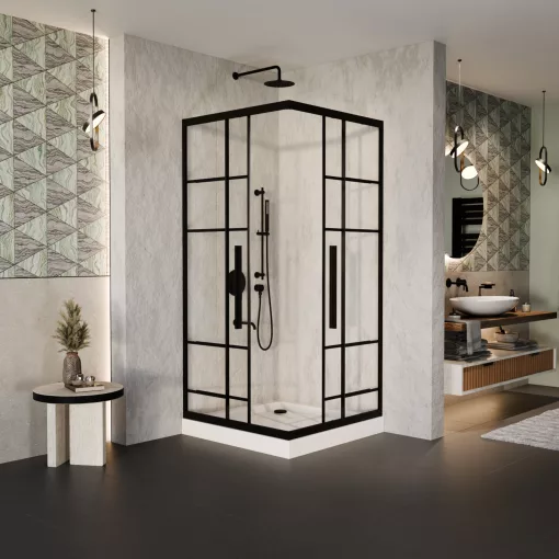 HD Dior+ Black 80x80 szögletes két tolóajtós zuhanykabin fehér magas zuhanytálcával és fekete szifonnal, fekete elemekkel, 190 cm magas