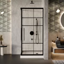 HD Dior+ Black 80x80 szögletes két tolóajtós zuhanykabin fehér magas zuhanytálcával és fekete szifonnal, fekete elemekkel, 190 cm magas