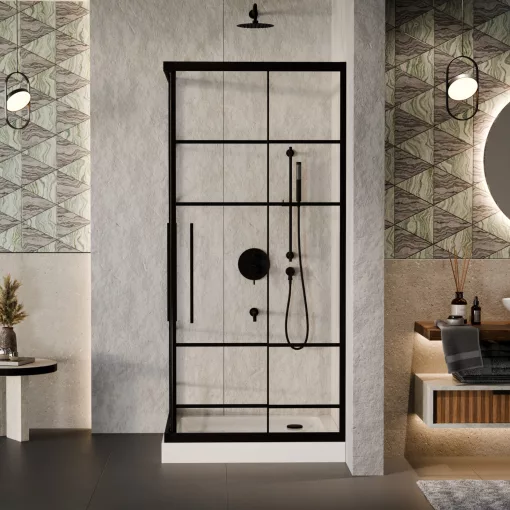 HD Dior+ Black 80x80 szögletes két tolóajtós zuhanykabin fehér magas zuhanytálcával és fekete szifonnal, fekete elemekkel, 190 cm magas