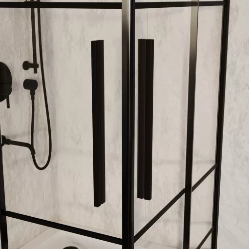 HD Dior+ Black 80x80 szögletes két tolóajtós zuhanykabin fehér magas zuhanytálcával és fekete szifonnal, fekete elemekkel, 190 cm magas