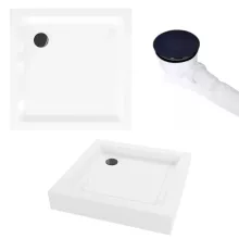 HD Dior+ Black 80x80 szögletes két tolóajtós zuhanykabin fehér magas zuhanytálcával és fekete szifonnal, fekete elemekkel, 190 cm magas