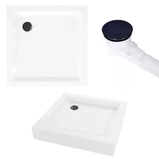 HD Dior+ Black 80x80 szögletes két tolóajtós zuhanykabin fehér magas zuhanytálcával és fekete szifonnal, fekete elemekkel, 190 cm magas