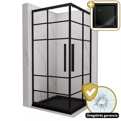 HD Dior+ Black 80x80 szögletes két tolóajtós zuhanykabin fekete slim zuhanytálcával és fekete szifonnal, fekete elemekkel, 190 cm magas