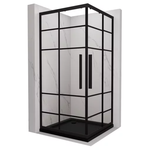 HD Dior+ Black 80x80 szögletes két tolóajtós zuhanykabin fekete slim zuhanytálcával és fekete szifonnal, fekete elemekkel, 190 cm magas