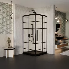 HD Dior+ Black 80x80 szögletes két tolóajtós zuhanykabin fekete slim zuhanytálcával és fekete szifonnal, fekete elemekkel, 190 cm magas