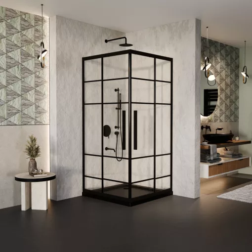 HD Dior+ Black 80x80 szögletes két tolóajtós zuhanykabin fekete slim zuhanytálcával és fekete szifonnal, fekete elemekkel, 190 cm magas