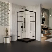 HD Dior+ Black 80x80 szögletes két tolóajtós zuhanykabin fekete slim zuhanytálcával és fekete szifonnal, fekete elemekkel, 190 cm magas