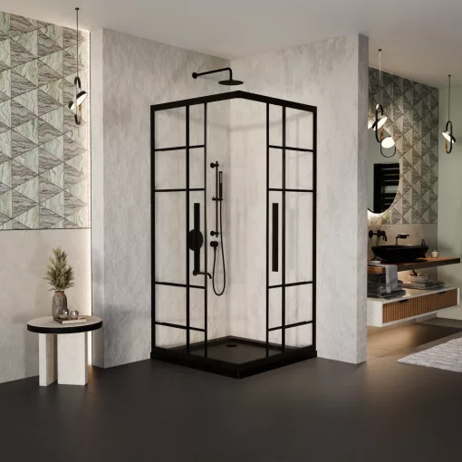 HD Dior+ Black 80x80 szögletes két tolóajtós zuhanykabin fekete slim zuhanytálcával és fekete szifonnal, fekete elemekkel, 190 cm magas