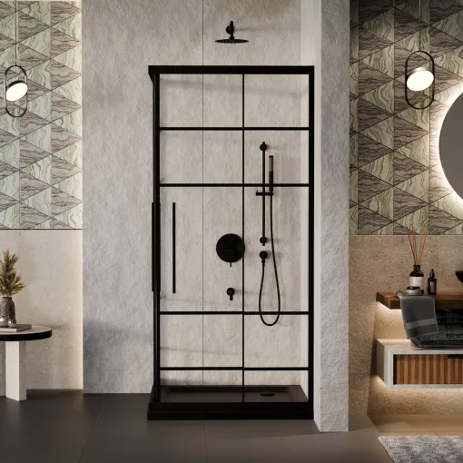 HD Dior+ Black 80x80 szögletes két tolóajtós zuhanykabin fekete slim zuhanytálcával és fekete szifonnal, fekete elemekkel, 190 cm magas