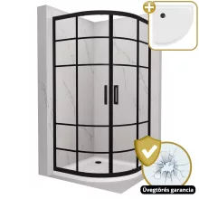 HD Dior Black 90x90 íves két tolóajtós zuhanykabin fehér slim zuhanytálcával és fekete szifonnal, fekete elemekkel, 190 cm magas