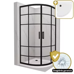   HD Dior Black 80x80 íves két tolóajtós zuhanykabin fehér slim zuhanytálcával és fekete szifonnal, fekete elemekkel, 190 cm magas