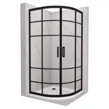 HD Dior Black 90x90 íves két tolóajtós zuhanykabin fehér slim zuhanytálcával és fekete szifonnal, fekete elemekkel, 190 cm magas