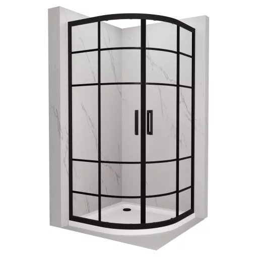 HD Dior Black 90x90 íves két tolóajtós zuhanykabin fehér slim zuhanytálcával és fekete szifonnal, fekete elemekkel, 190 cm magas