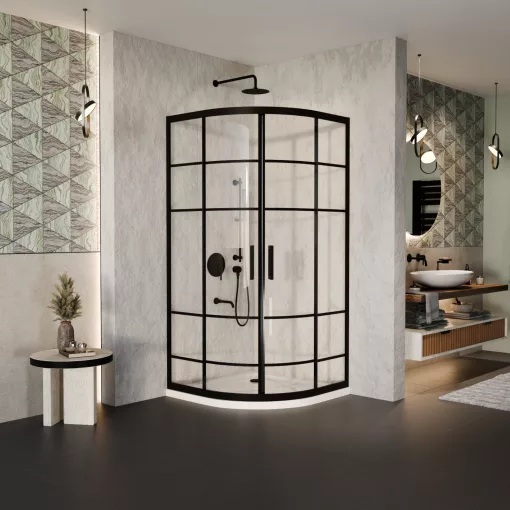 HD Dior Black 90x90 íves két tolóajtós zuhanykabin fehér slim zuhanytálcával és fekete szifonnal, fekete elemekkel, 190 cm magas