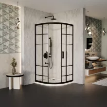 HD Dior Black 90x90 íves két tolóajtós zuhanykabin fehér slim zuhanytálcával és fekete szifonnal, fekete elemekkel, 190 cm magas