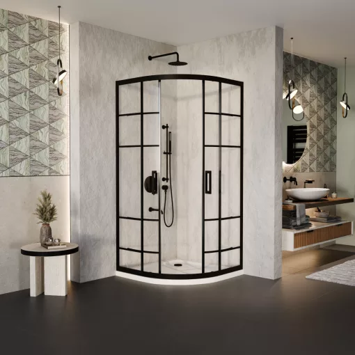 HD Dior Black 90x90 íves két tolóajtós zuhanykabin fehér slim zuhanytálcával és fekete szifonnal, fekete elemekkel, 190 cm magas
