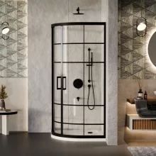 HD Dior Black 90x90 íves két tolóajtós zuhanykabin fehér slim zuhanytálcával és fekete szifonnal, fekete elemekkel, 190 cm magas