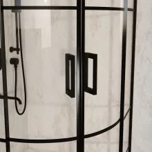 HD Dior Black 90x90 íves két tolóajtós zuhanykabin fehér slim zuhanytálcával és fekete szifonnal, fekete elemekkel, 190 cm magas