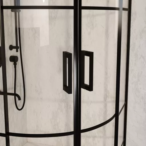 HD Dior Black 90x90 íves két tolóajtós zuhanykabin fehér slim zuhanytálcával és fekete szifonnal, fekete elemekkel, 190 cm magas