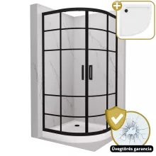 HD Dior Black 80x80 íves két tolóajtós zuhanykabin fehér magas zuhanytálcával és fekete szifonnal, fekete elemekkel, 190 cm magas