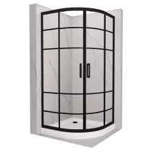 HD Dior Black 80x80 íves két tolóajtós zuhanykabin fehér magas zuhanytálcával és fekete szifonnal, fekete elemekkel, 190 cm magas