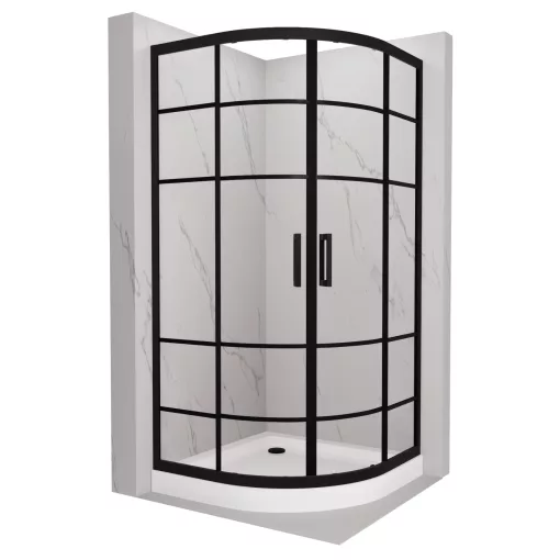 HD Dior Black 80x80 íves két tolóajtós zuhanykabin fehér magas zuhanytálcával és fekete szifonnal, fekete elemekkel, 190 cm magas