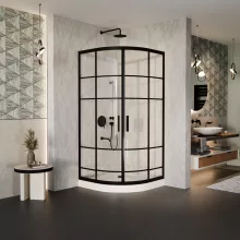 HD Dior Black 80x80 íves két tolóajtós zuhanykabin fehér magas zuhanytálcával és fekete szifonnal, fekete elemekkel, 190 cm magas