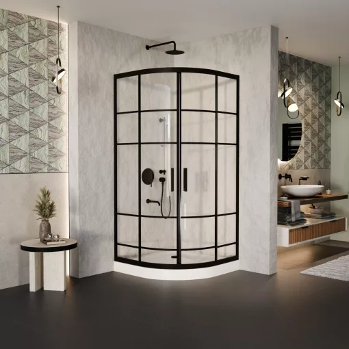 HD Dior Black 80x80 íves két tolóajtós zuhanykabin fehér magas zuhanytálcával és fekete szifonnal, fekete elemekkel, 190 cm magas