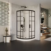 HD Dior Black 80x80 íves két tolóajtós zuhanykabin fehér magas zuhanytálcával és fekete szifonnal, fekete elemekkel, 190 cm magas